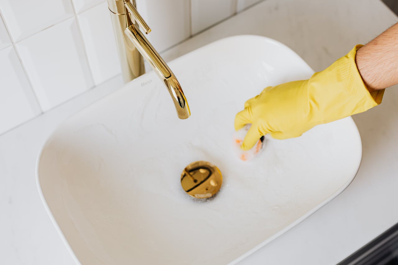Crafting Captivating Headlines: Your awesome post title goes here Close-up of a person cleaning a sink with yellow gloves for hygiene.